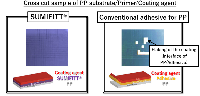figure: Cross cut sample of PP substrate/Primer/Paint
